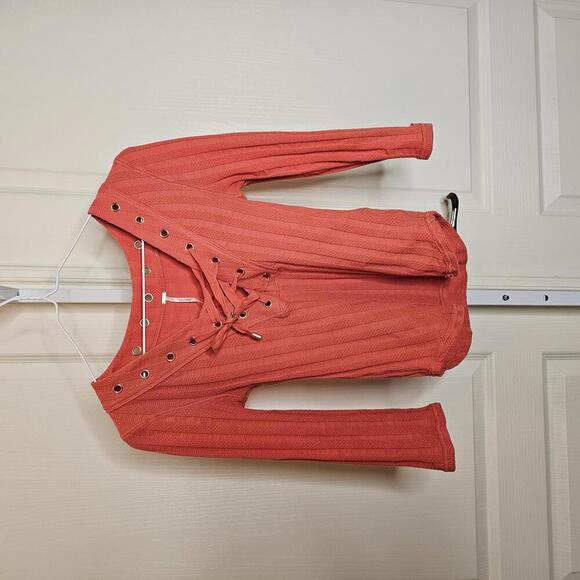 Free People Rust Ribbed Top with Lace-Up Detail - Picture 2 of 6